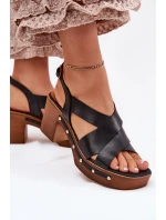 Skórzane Sandały Na Słupku Zazoo 1081 Czarne