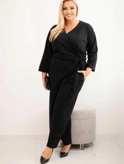 Dámsky bavlnený overal s kravatou v páse a 3/4 rukávmi čierny