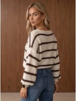 Dámsky oversize sveter s pruhmi v farbe ecru FashionStreet MY2643 Dámsky oversize sveter s pruhmi v farbe ecru FashionStreet MY2643