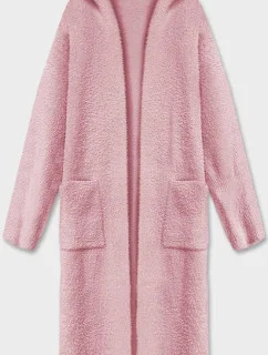 Dlhý vlnený prehoz cez oblečenie typu alpaka v bledo ružovej farbe s kapucňou (M105-1)