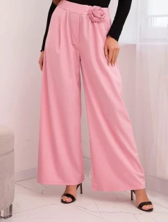 Dámske elegantné nohavice so širokými nohavicami a ozdobným kvetom candy pink