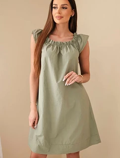 Dámske bavlnené šaty s volánovým výstrihom a volánom khaki