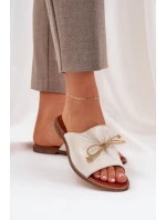 Skórzane Płaskie Eleganckie Klapki Z Kokardką Lewski 3572 Złoty Przecierany