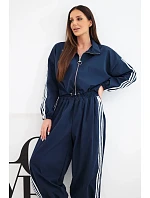 Dámska bavlnená súprava s nohavicami v štýle oversized a kontrastnými pruhmi, modrá Dámska bavlnená súprava s nohavicami v štýle oversized a kontrastnými pruhmi, modrá