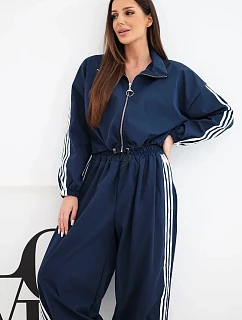 Dámska bavlnená súprava s nohavicami v štýle oversized a kontrastnými pruhmi, modrá