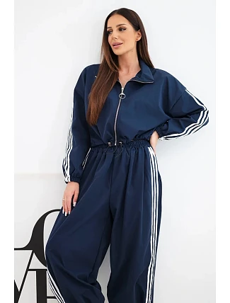 Dámska bavlnená súprava s nohavicami v štýle oversized a kontrastnými pruhmi, modrá Dámska bavlnená súprava s nohavicami v štýle oversized a kontrastnými pruhmi, modrá