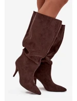 Wsuwane Kozaki Damskie Na Szpilce Z Eko Zamszu Czekoladowe Noretta
