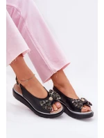 Skórzane Sandały Damskie Na Koturnie Z Kokardą Zazoo 1882 Czarne