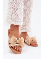 Klapki Damskie Na Płaskim Obcasie Z Tiulową Kokardą Złote Tanira