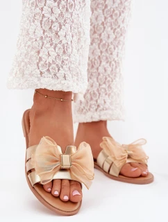 Klapki Damskie Na Płaskim Obcasie Z Tiulową Kokardą Złote Tanira