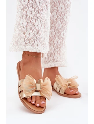 Klapki Damskie Na Płaskim Obcasie Z Tiulową Kokardą Złote Tanira