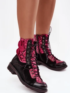 Skórzane Botki Damskie Z Naturalnej Skóry Na Płaskim Obcasie Maciejka 07004-23 Czarno-Różowe