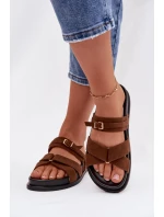 Dámské pantofle s pásky a zlatým sponou Hnědé Selorina