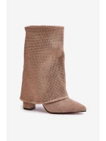 Zdobione Błyszczące Botki Z Wywiniętą Cholewką Na Słupku Ocieplane Beżowe Xistaria