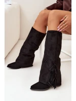 Wsuwane Kozaki Kowbojki Damskie Na Słupku Z Frędzlami Czarne Zalia