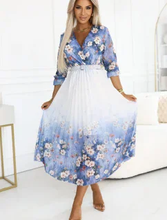 605-1 Dámske splývavé midi šaty s obálkovým výstrihom a záhybmi - modré s poľnými kvetmi