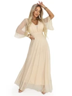 654-2 Dlhé trblietavé plus size šaty s výstrihom a priehľadnými rukávmi - šampanská béžová