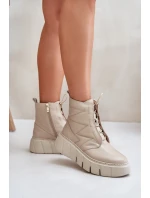 Zazoo 60472 Skórzane Botki Na Platformie I Koturnie Beżowe
