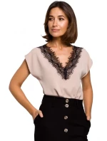 S206 Top bez rukávov s čipkovým výstrihom - ecru farba