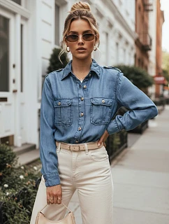 Dámska džínsová košeľa z lyocellu, ležérna, modrá, FashionStreet DY0493