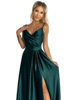 299-9 CHIARA elegantné maxi dlhé saténové šaty bez ramienok - BOTTLE GREEN