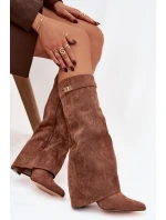 Kozačky Eko semišové podpatek sloupek na zip vyhřívané vytočená lýtka tmavě béžové Evyra