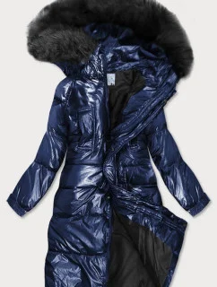 Tmavomodrá dámska zimná metalická bunda s kapucňou (8295)
