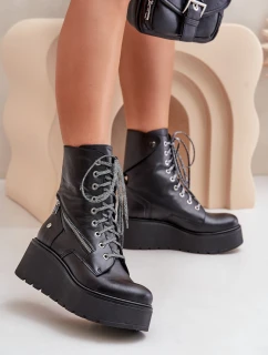 Skórzane Botki Workery Na Platformie I Koturnie Maciejka 06676-01 Czarne