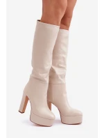 Kozaki Na Słupku I Platformie Z Eko Skóry Jasnobeżowe Felilorn