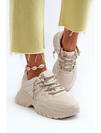 Sneakersy Damskie Na Masywnej Podeszwie Z Ozdobnym Sznurowaniem Beżowe Relissa