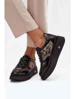 Skórzane Sznurowane Półbuty Damskie Na Platformie Artiker 57C2042 Czarno-Złote