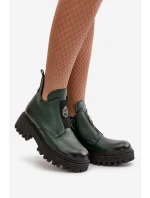 Zazoo 60451 Damskie Skórzane Botki Z Ozdobą Ciemnozielone