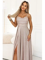 589-4 Dlhé šaty s jemnými trblietkami a korzetovým viazaním vzadu - béžovo-ružové s trblietkami