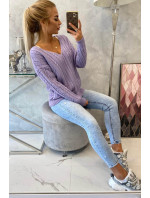 Pletený sveter s výstrihom do V fialový