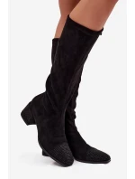 Kozaki Damskie Ze Zdobieniem Na Klocku Eko Zamszowe Czarne Ivanna