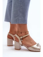 Sandały Damskie Eko Skórzane Na Słupku Z Ozdobami Złote Narhi