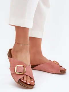 Skórzane Klapki Ze Złotą Klamrą Maciejka 07000-15 Różowe