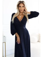 572-1 Dlhé trblietavé šaty NELA s výstrihom a dlhými rukávmi - ZELENÉ