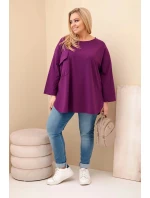 Dámska blúzka Plus Size s bavlnou, vreckom a vyhrnutými rukávmi tmavo fialová