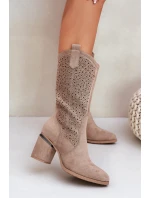 Ażurowe Kozaki Kowbojki Do Połowy Łydki S.Barski HY51-238 Beżowe