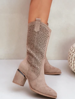 Ażurowe Kozaki Kowbojki Do Połowy Łydki S.Barski HY51-238 Beżowe