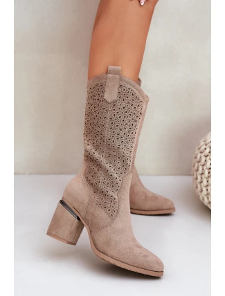 Ażurowe Kozaki Kowbojki Do Połowy Łydki S.Barski HY51-238 Beżowe