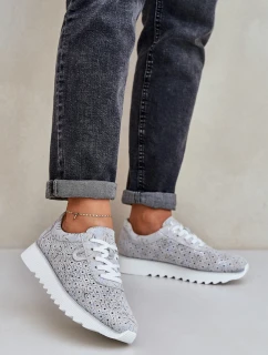 Zamszowe Wzorzyste Buty Sportowe Na Platformie Z Brokatem D&A LR51-635 Srebrne