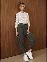 Dámske bavlnené manšestrové nohavice s opaskom, khaki, FashionStreet UY3172