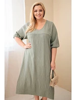Dámske plus size šaty z bavlneného mušelínu s výstrihom do V v khaki farbe