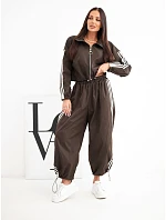 Dámska bavlnená súprava s oversized nohavicami a kontrastnými pruhmi, hnedá Dámska bavlnená súprava s oversized nohavicami a kontrastnými pruhmi, hnedá