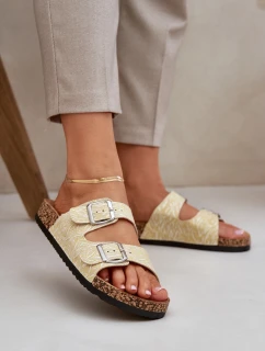 Materiałowe Klapki Na Korkowej Podeszwie Z Klamrami Żółte Atera