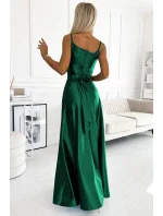 512-1 JULIET elegantné dlhé saténové šaty s výstrihom - BOTTLE GREEN