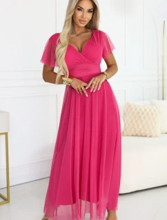 562-9 NASTIA Dlhé šaty s výstrihom, kosticami a krátkymi rukávmi - malinový sorbet