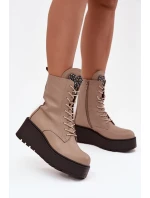 Skórzane Botki Damskie Z Ozdobą Ocieplane Beżowe Ulrika